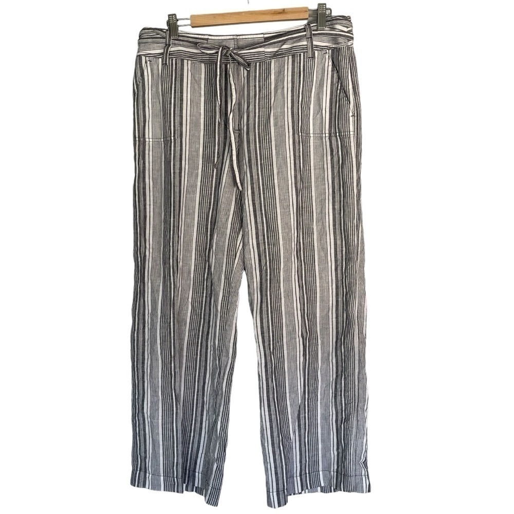 Talbots 14P Linen Cotton Blend Striped Pants Straight Leg Gray White Coastal